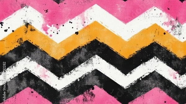 Obraz seamless pattern, Vibrant zigzag pattern featuring bold pink, black, white, and orange colors, perfect for modern design projects and backgrounds.