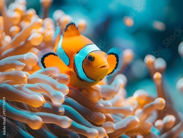 Fototapeta Vibrant Clownfish Nestled Among Protective Anemone Tentacles in Colorful Ocean Ecosystem