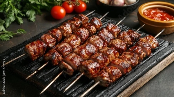 Fototapeta Shawarma skewers grilled and served with barbecue sauce Grilled meat with a smoke flavor. Beef, chicken flesh, and fat