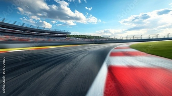 Fototapeta Race Track Asphalt with Blurred Speed and Grandstand - A high-speed race track with blurred motion, showcasing the thrill of racing, a grandstand with spectators, a red and white stripe, and a blue sk