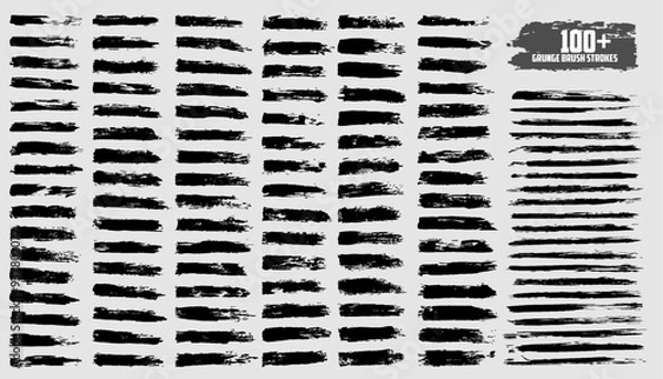 Obraz Mega vector brush strokes collection, Ink splatters, grungy painted lines, artistic design elements: waves, circles, triangles. Vector paintbrush set