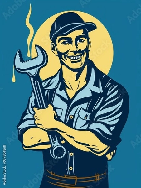 Obraz Smiling Mechanic Holding Wrench - A friendly mechanic in overalls smiles confidently while holding a wrench. The image evokes a sense of expertise, reliability, and problem-solving.