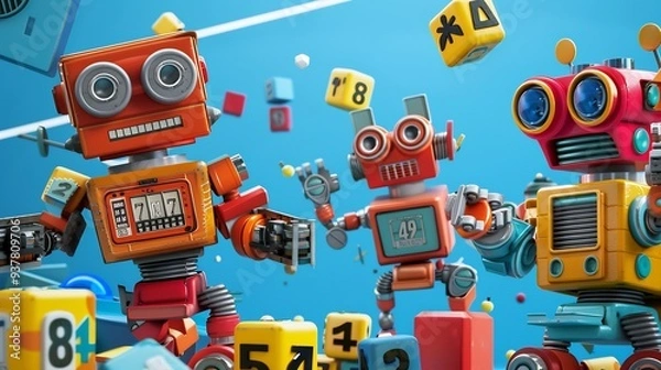 Fototapeta A group of charming robots on a blue background