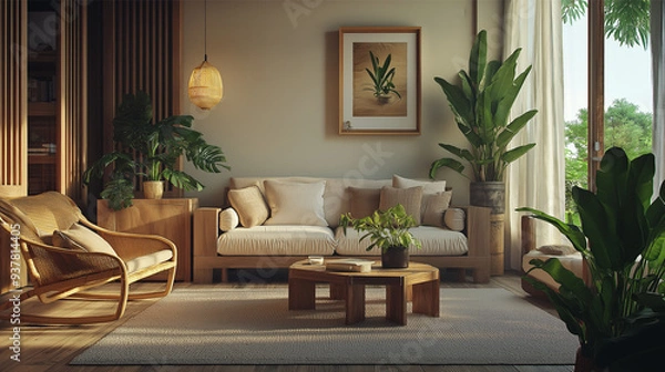 Fototapeta Cozy Living Room with Warm Natural Lighting and Wooden Furniture
