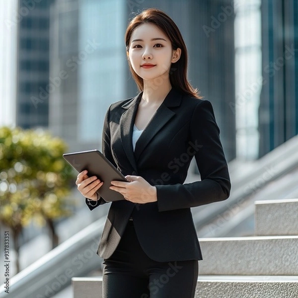 Obraz Asian business woman in a black suit holding a tablet while standing on the steps against the backdrop of business centers