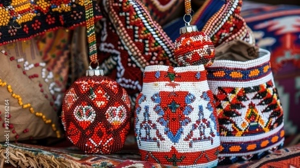 Fototapeta red and white beads in the shape of Christmas ornaments