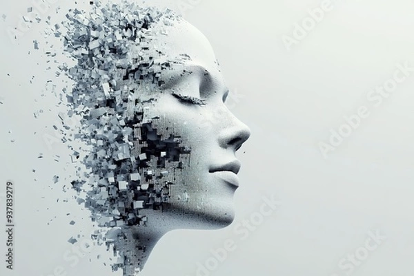 Fototapeta Woman's head dispersing into pixels on one side