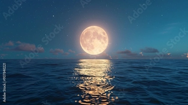 Fototapeta Full moon over the sea at night, 3d render.