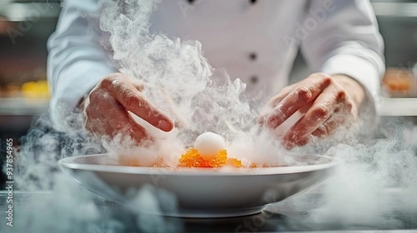 Obraz A chef preparing a dish using molecular gastronomy techniques, such as spherification or foams, highlighting innovation in modern cooking
