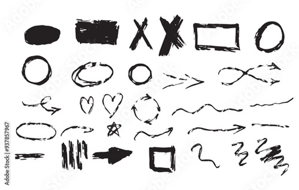 Fototapeta Vector black worn marker hand drawn collection set of lines, x marks, underline strokes, doodles and arrows.