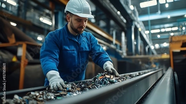 Fototapeta A technician wearing blue overalls and a white helmet operates machinery at an industrial recycling facility where he manages the sorting and processing of refusederived fuel RDF on a  : Generative AI