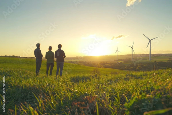 Fototapeta Researchers Discussing Environmental Science on Green Field with Wind Turbines in Background During International Week of Science and Peace