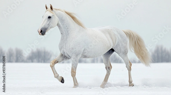 Obraz White horse running through a snow covered field
