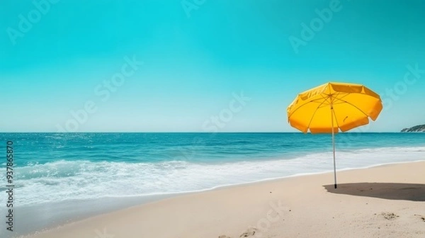 Fototapeta Serene beach scene, vibrant yellow beach umbrella, turquoise ocean, clear blue sky, soft sand, gentle waves, summer vacation vibes, minimalist composition.