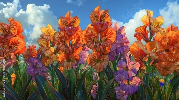 Fototapeta A vibrant field of colorful flowers under a bright sky, showcasing nature's beauty and diversity.