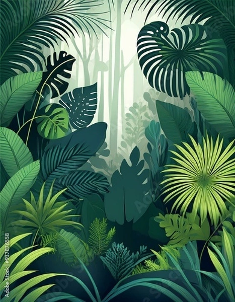Fototapeta Wild dark jungle forest nature landscape with green jungle foliage and exotic plants