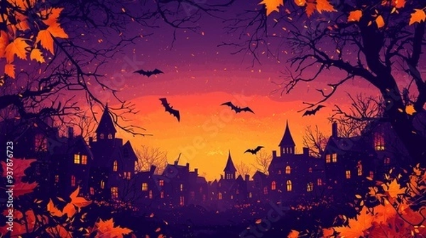 Fototapeta Eerie Halloween scene of a haunted village at dusk, with flying bats and autumn leaves, creating a spooky and mysterious atmosphere.