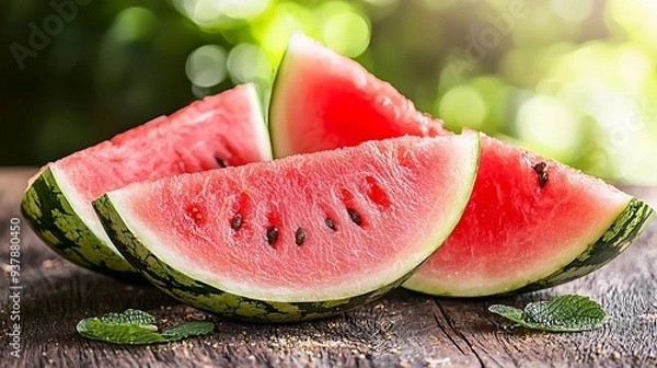 Fototapeta Fresh watermelon slices on rustic wooden table with green leaves, blending natural textures and vibrant colors in a simple presentation.