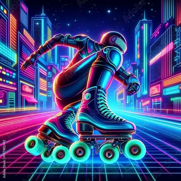 Fototapeta Roller skate in cyberpunk style, disco nostalgic 80s, 90s. Neon night lights vibrant colors, photorealistic horizontal illustration of the futuristic city.