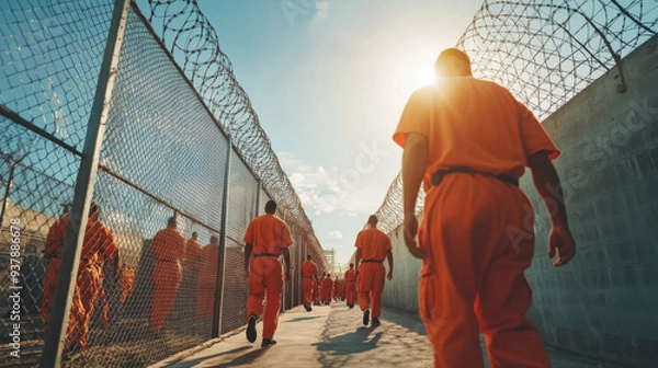 Fototapeta A group of inmates in orange jumpsuits walking in a prison yard, surrounded by barbed wire fences, under the setting sun.

