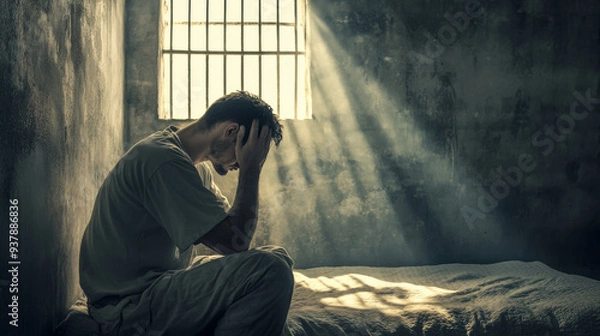 Fototapeta A somber image of a distressed inmate sitting on a bed in a dimly lit prison cell, reflecting on his situation.

