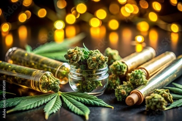Fototapeta Vibrant green marijuana buds surrounded by rolled joints and glass vials of golden cannabis oil, against a dark background with subtle bokeh effects.