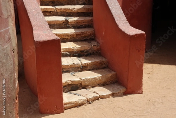 Obraz Vue d'un détail de l'escalier de couleur orangée de la maison des esclaves de l'île de Gorée au Sénégal. Rampe de forme incurvée. Architecture coloniale. Bâtiment rénové et coloré. Avril 2024.