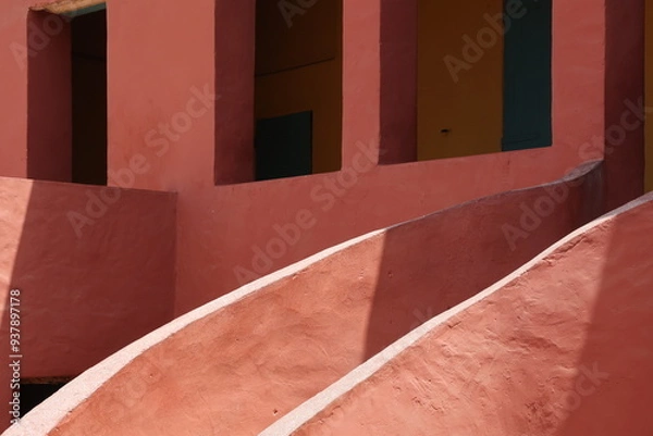 Obraz Vue d'un détail de l'escalier de couleur orangée de la maison des esclaves de l'île de Gorée au Sénégal. Rampe de forme incurvée. Architecture coloniale. Bâtiment rénové et coloré. Avril 2024.