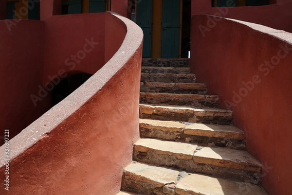 Obraz Vue d'un détail de l'escalier de couleur orangée de la maison des esclaves de l'île de Gorée au Sénégal. Rampe de forme incurvée. Architecture coloniale. Bâtiment rénové et coloré. Avril 2024.