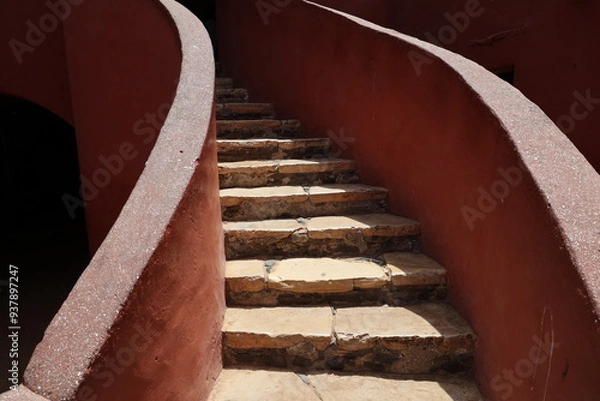 Obraz Vue d'un détail de l'escalier de couleur orangée de la maison des esclaves de l'île de Gorée au Sénégal. Rampe de forme incurvée. Architecture coloniale. Bâtiment rénové et coloré. Avril 2024.