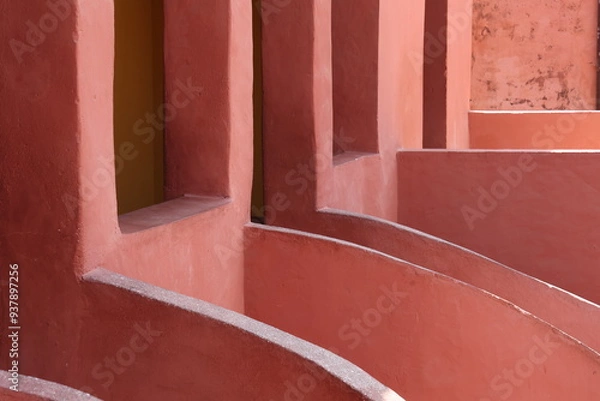 Obraz Vue d'un détail de l'escalier de couleur orangée de la maison des esclaves de l'île de Gorée au Sénégal. Rampe de forme incurvée. Architecture coloniale. Bâtiment rénové et coloré. Avril 2024.