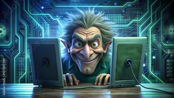 Fototapeta A cartoon illustrated troll lurking behind a computer screen, surrounded by wires and coding symbols, with a sly grin and menacing eyes.