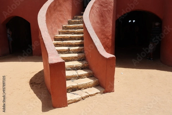 Obraz Vue d'un détail de l'escalier de couleur orangée de la maison des esclaves de l'île de Gorée au Sénégal. Rampe de forme incurvée. Architecture coloniale. Bâtiment rénové et coloré. Avril 2024.