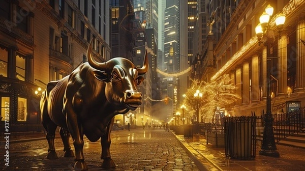 Fototapeta A majestic bull statue stands in a lively urban street, illuminated by soft lights, symbolizing strength and financial prosperity.