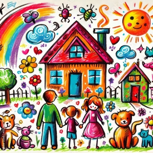 Obraz Colorful drawing depicts a happy family, house, rainbow, sunshine, and playful elements, representing joy and togetherness.