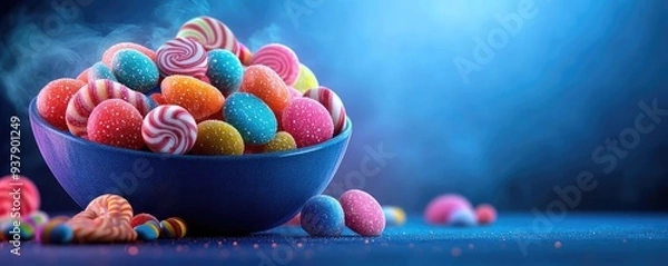 Fototapeta Candy Bowl Filling with glowing candies, fog creeping in the background, vibrant candy colors and soft glowing light, detailed candy textures