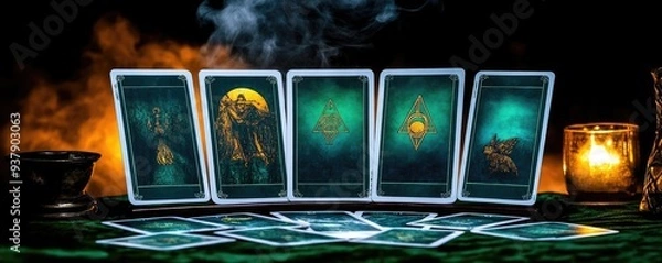 Fototapeta Tarot Reading in a dimly lit room, fog rolling around, soft warm light with deep shadow, detailed cards and table