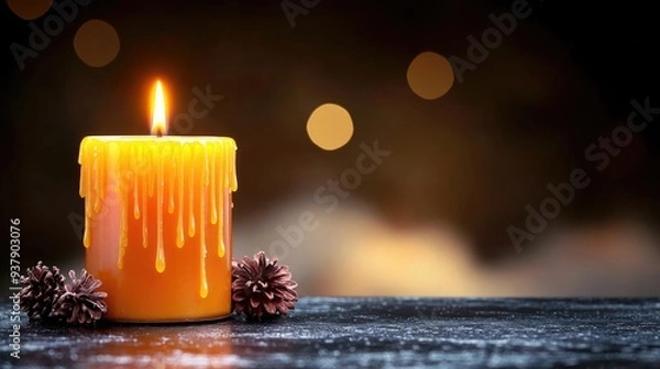 Fototapeta Candle Dripping in a dimly lit room, fog rolling around, soft warm light with deep shadow, detailed wax and flame