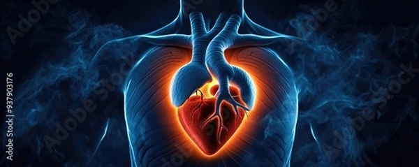 Fototapeta Heart Pounding in the dark, fog swirling around, soft glowing light with deep shadow, detailed chest and heartbeat effects