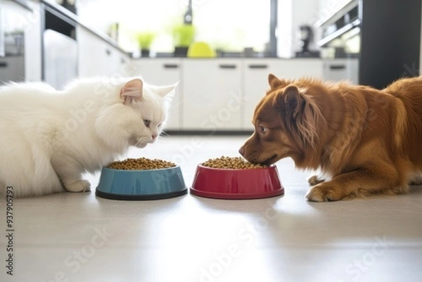 Fototapeta White Cat and Brown Dog Eating from Separate Bowls