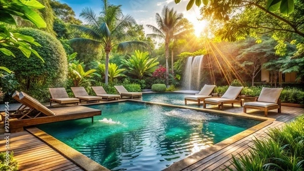 Obraz A playful splash of water in a sun-kissed pool, surrounded by lush greenery and comfortable lounge chairs.