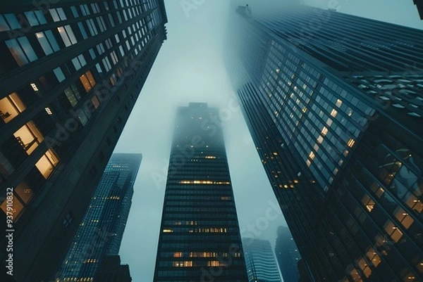 Fototapeta Foggy day in New York City, skyscrapers with glass facades, cloudy sky, gray color scheme, skyscraper architecture