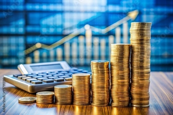 Fototapeta A stack of coins symbolizing business investment and economic growth, with financial plans and calculators in the background, representing a profitable new year.