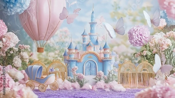 Obraz Enchanting Fairy Tale Cakesmash Setup with Balloon Arch and Golden Carriage Prop