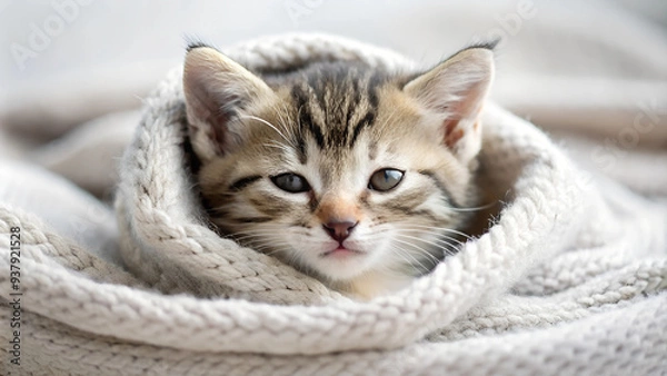 Obraz Relaxed kitten snuggled in a knitted blanket with soft fur