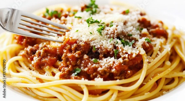 Fototapeta A fresh plate of spaghetti Bolognese, beautifully garnished with Parmesan cheese and herbs. The pasta is vibrant against the white background, capturing its golden color and creamy texture. A fork tin