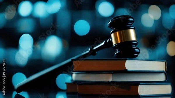 Fototapeta A close-up view of a gavel resting on law books with a soft bokeh background, symbolizing justice and legal authority.