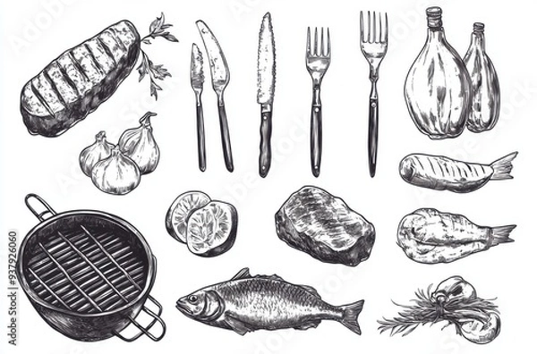 Fototapeta Drawn vector set of grill elements, fish and meat cutlery, white background, detailed, high quality, professional, sharp, clip art, vintage style, vintage food illustration, engraving, woodcut style