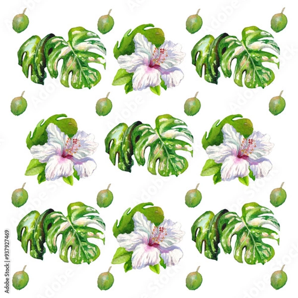 Fototapeta Hawaiian Watercolor Vector Flowers Seamless Pattern. Summer Fabric Watercolor Flowers Vector Pattern. Jungle Botanical Texture. Retro Seamless Floral Background. Hand Painted Tropic Clothes Design.