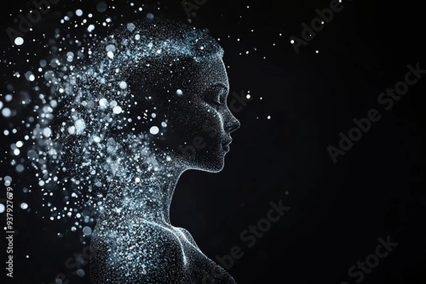 Obraz Digital silhouette of woman disintegrating into particles.